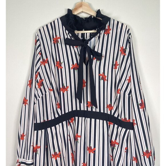 ELOQUII Black White Striped Red Floral Boho Midi Dress Sz 22 Cottagecore Ruffle - Picture 4 of 16